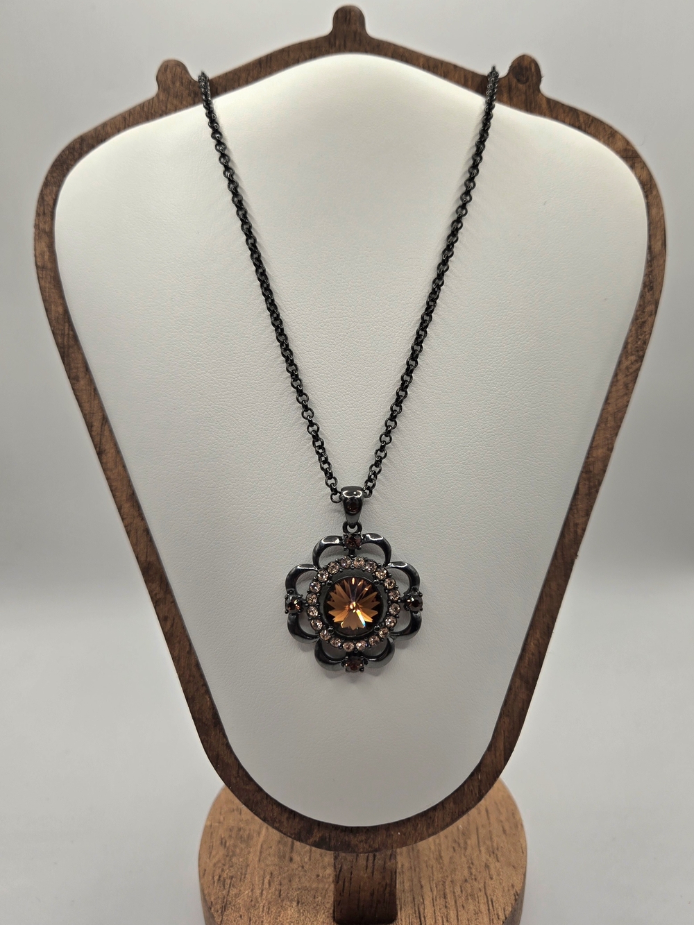 Butler & Wilson Vintage Crystal Pendant Necklace - Gunmetal & Amber - LIKE NEW